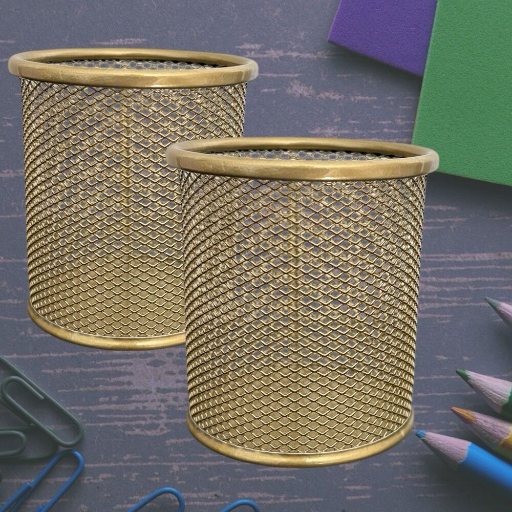 2 Pack Pen Holder Metal Mesh Pencil Holders Round Shaped Pen Holders (Gold)